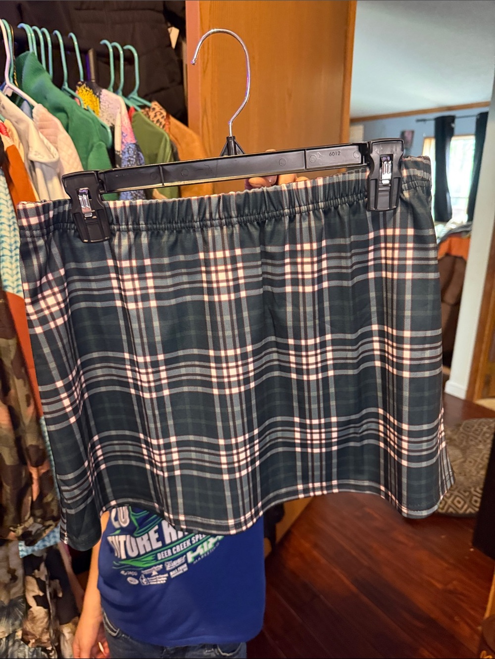 Plaid Elastic-Waist Mini Skirt in Dark Green